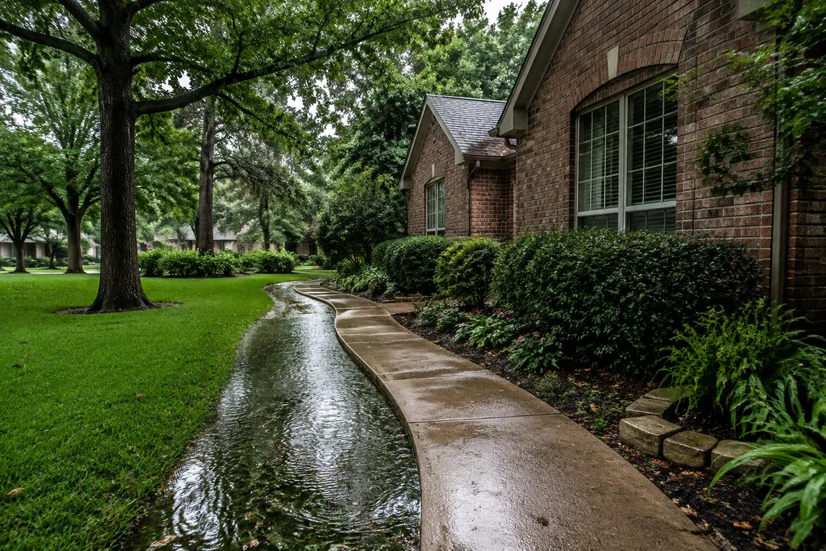 Rainwater rippling along a lawn edge beside a walkway and brick house, illustrative image