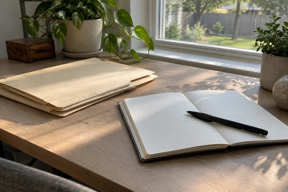 Plain repair folders and an open notebook on a desk by a window