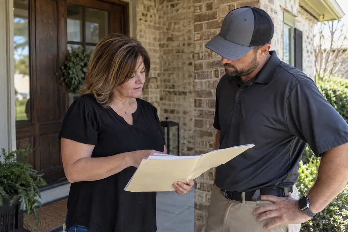 Homeowner sharing an earlier repair folder with an inspector on a porch