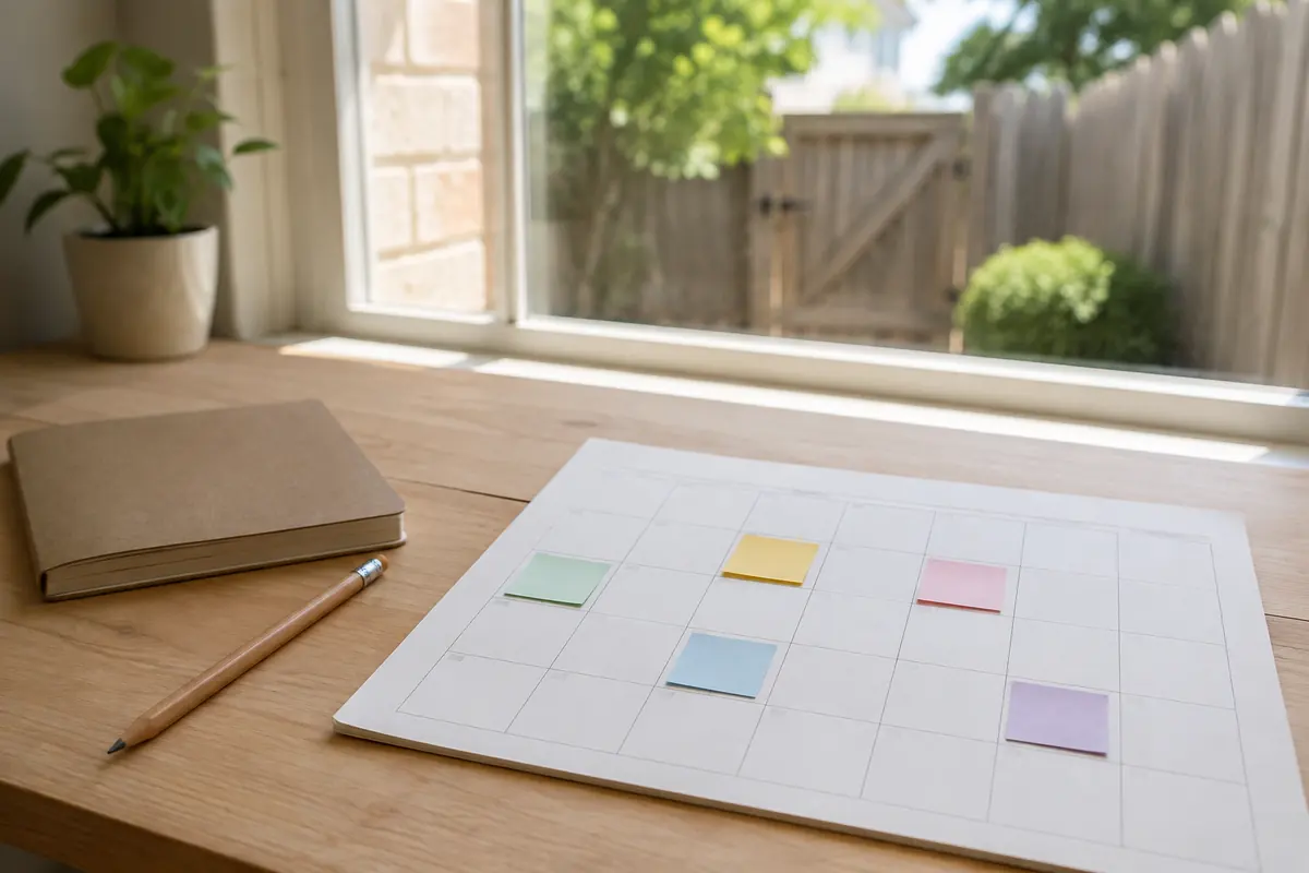 Paper planning calendar with sticky notes, notebook and pencil on a home desk, illustrative image