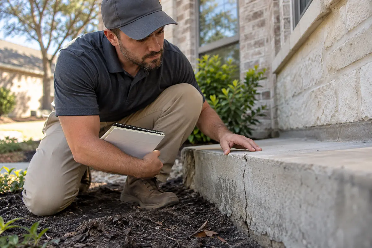 Inspector kneeling beside an exposed slab edge during a foundation assessment