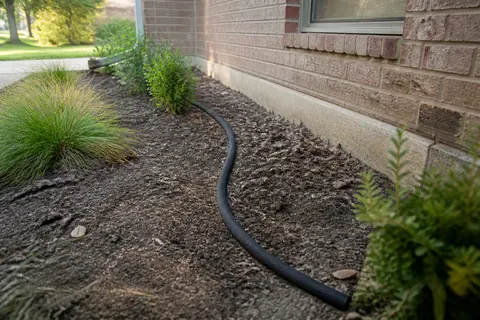 Soaker hose laid on soil beside a brick home, illustrative image