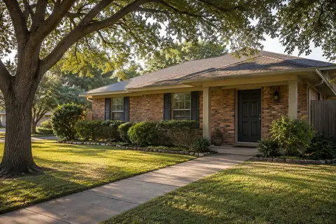 An established brick home with a concrete front walk shaded by a mature oak in afternoon light.