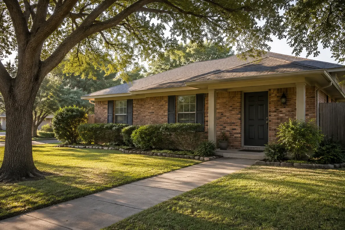An established brick home with a concrete front walk shaded by a mature oak in afternoon light.
