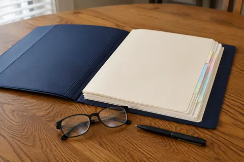 Open blue document wallet with papers, divider tabs, reading glasses and pen, illustrative image