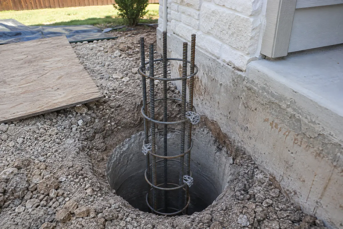 Steel reinforcement cage positioned in a drilled shaft before concrete placement