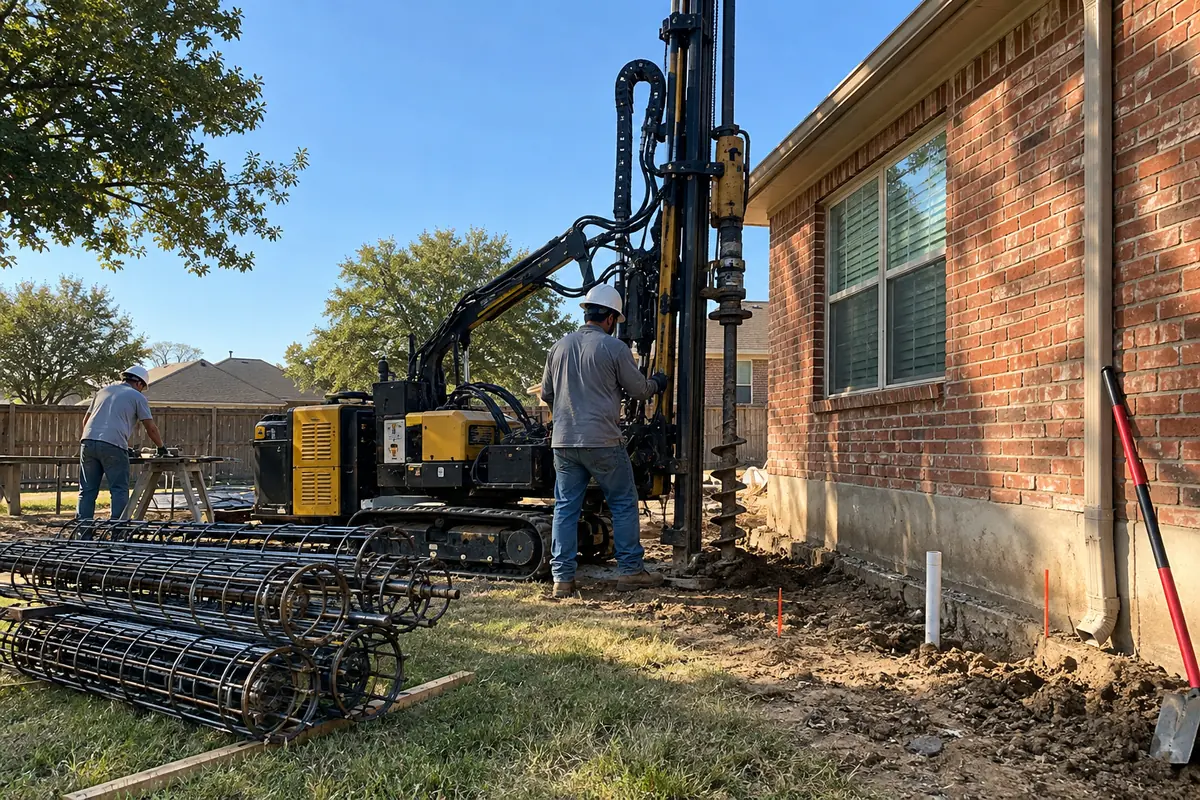 Compact auger rig and reinforcement materials beside a brick house